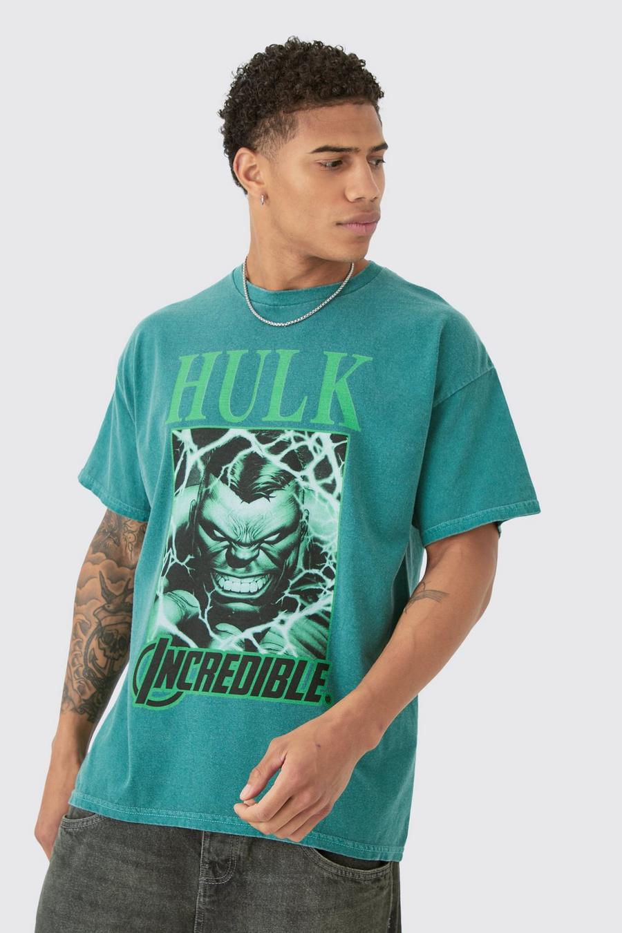 Green Oversized Marvel Incredible Hulk Wash License T-shirt image number 1