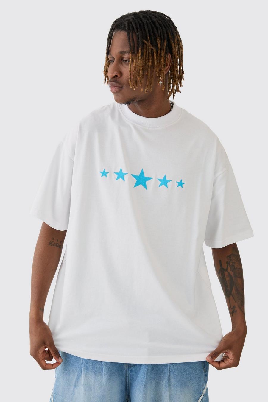 White Tall Oversized Extended Neck Star Print T-shirt