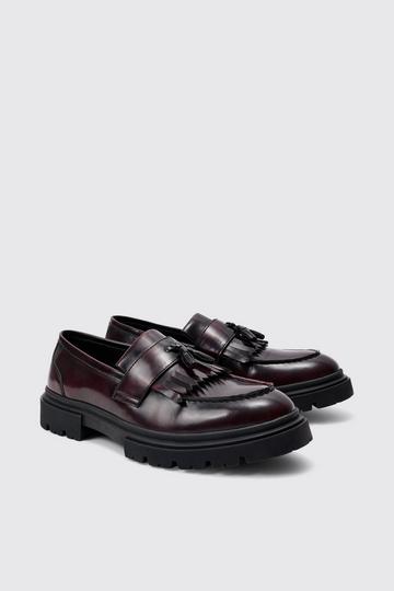 Red Brushed Pu Fringe Detail Loafer In Burgundy