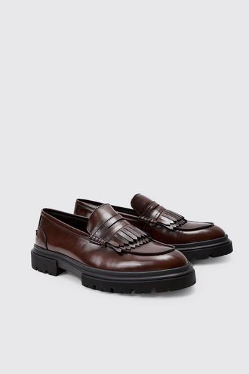 Brown Brushed Pu Fringe Detail Loafer In Brown