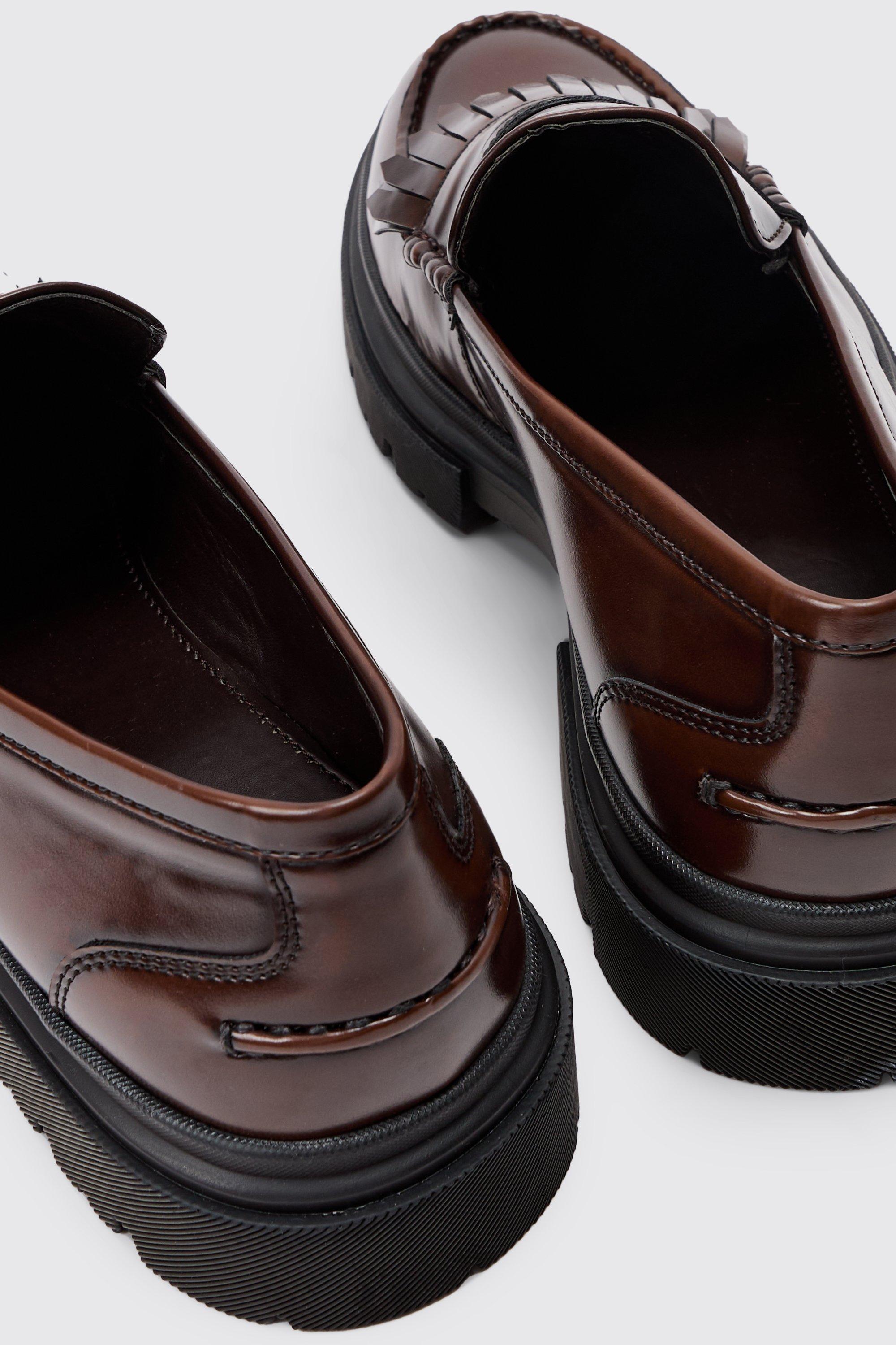 Brushed Pu Fringe Detail Loafer In Brown boohoo