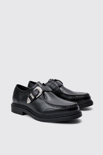 Faux Leather Derby Shoes With Western Buckle In Black black