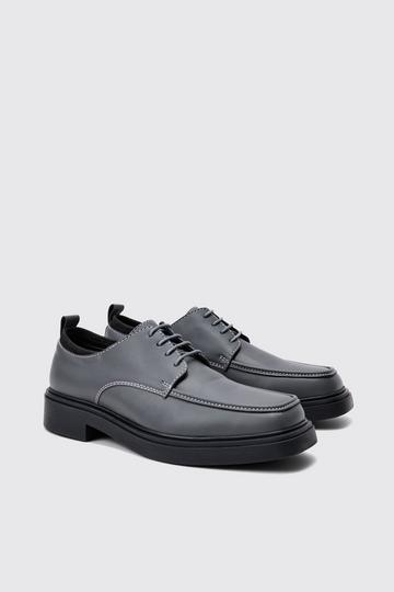 Grey Faux Leather Contras Stitch Derby Shoes In Grey