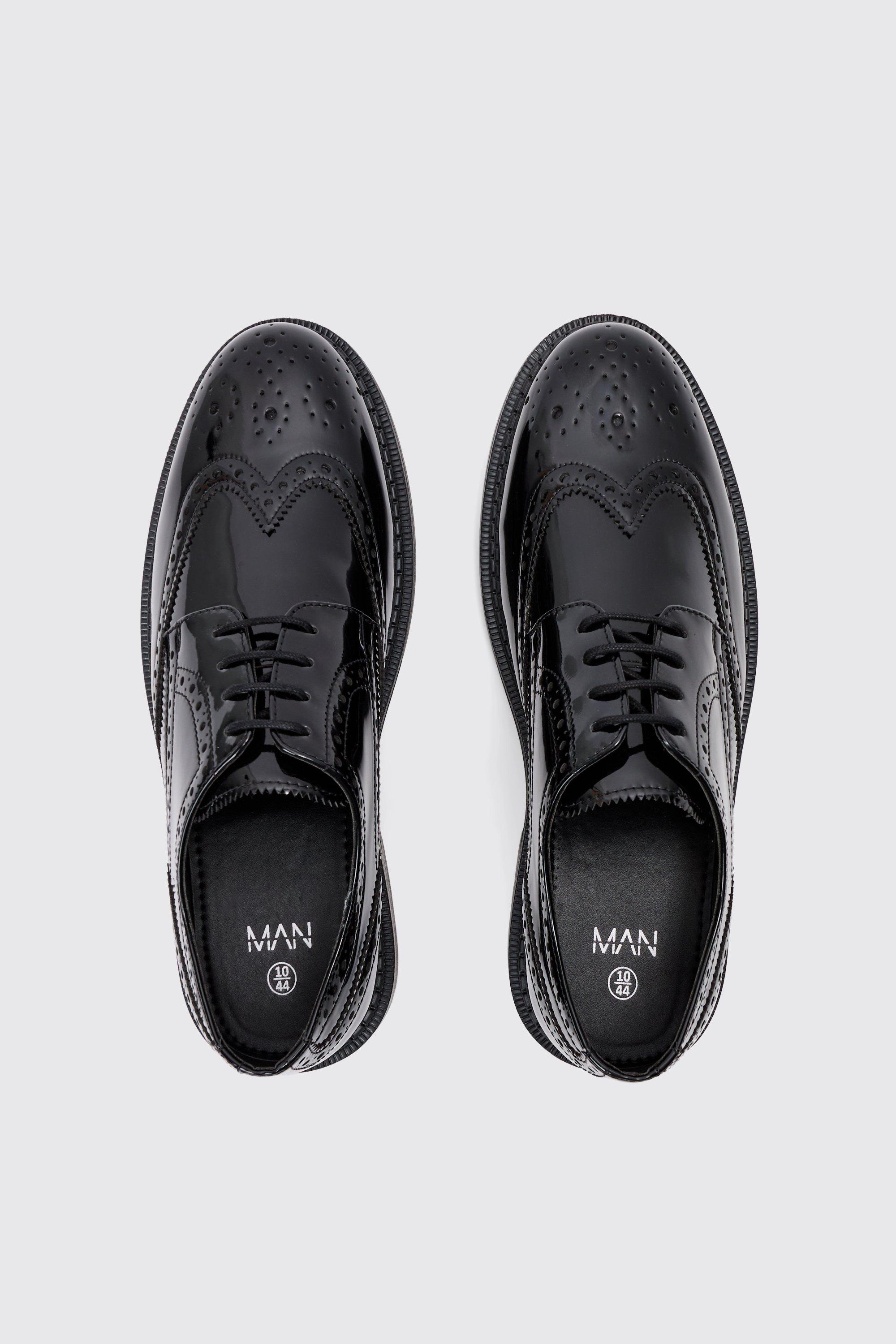 Patent Pu Lace Up Brogues In Black boohoo