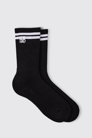 Black BM Embroidered Half Terry Stripe Socks In Black