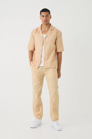 Short Sleeve Drop Linen Look Revere Shirt & Straight Pants chocolate