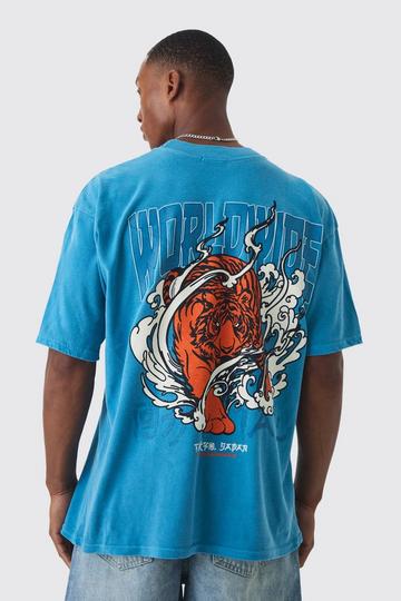 Oversized Worldwide Tiger Wash Graphic T-shirt blue