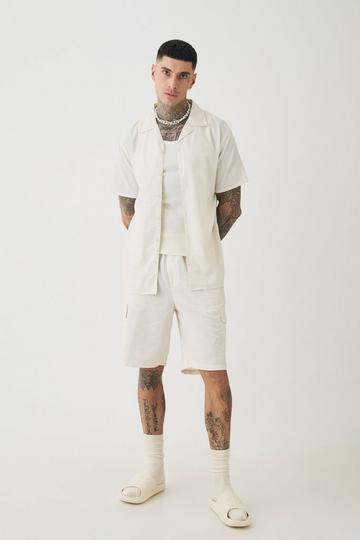 Tall Linnen Cargo Overhemd Met Korte Mouwen En Shorts Set In Naturel natural