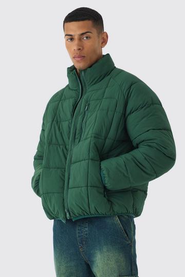 Green Quilted Funnel Neck Puffer Coat In Green