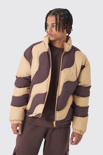 Abstract Quilted Funnel Neck Puffer Jacket In Brown brown