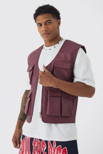 Pu Utility Vest In Burgundy burgundy