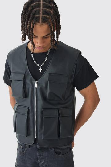 Black Pu Utility Vest In Black