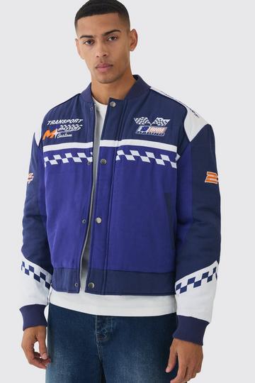 Oversized Boxy Official Twill Padded Moto Jacket In Blue blue