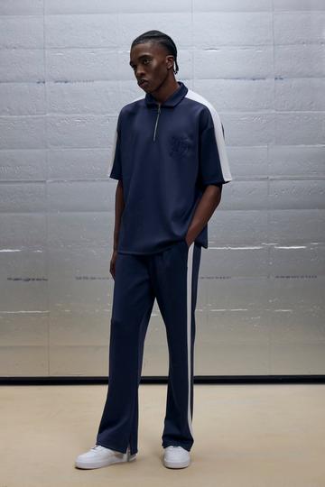 Oversized Scuba Color Block Panel Polo & Sweatpant Set navy