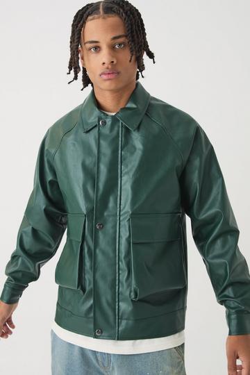 Raglan Sleeve PU Harrington Jacket In Green green