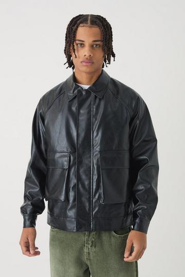 Raglan Sleeve PU Harrington Jacket In Black black