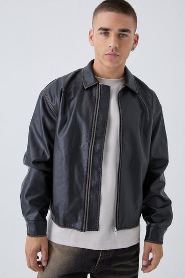 Man Tab Boxy Washed Pu Harrington Jacket In Black black