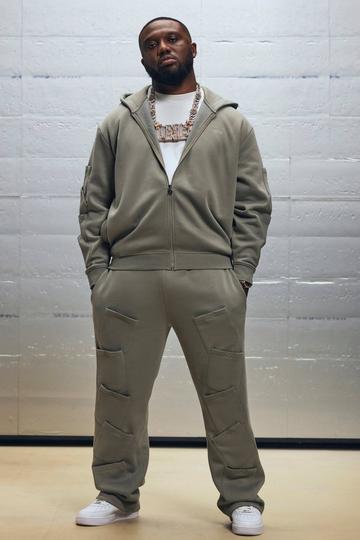 Oversized Zip Through Cargo Pocket Detail Hooded Tracksuit khaki