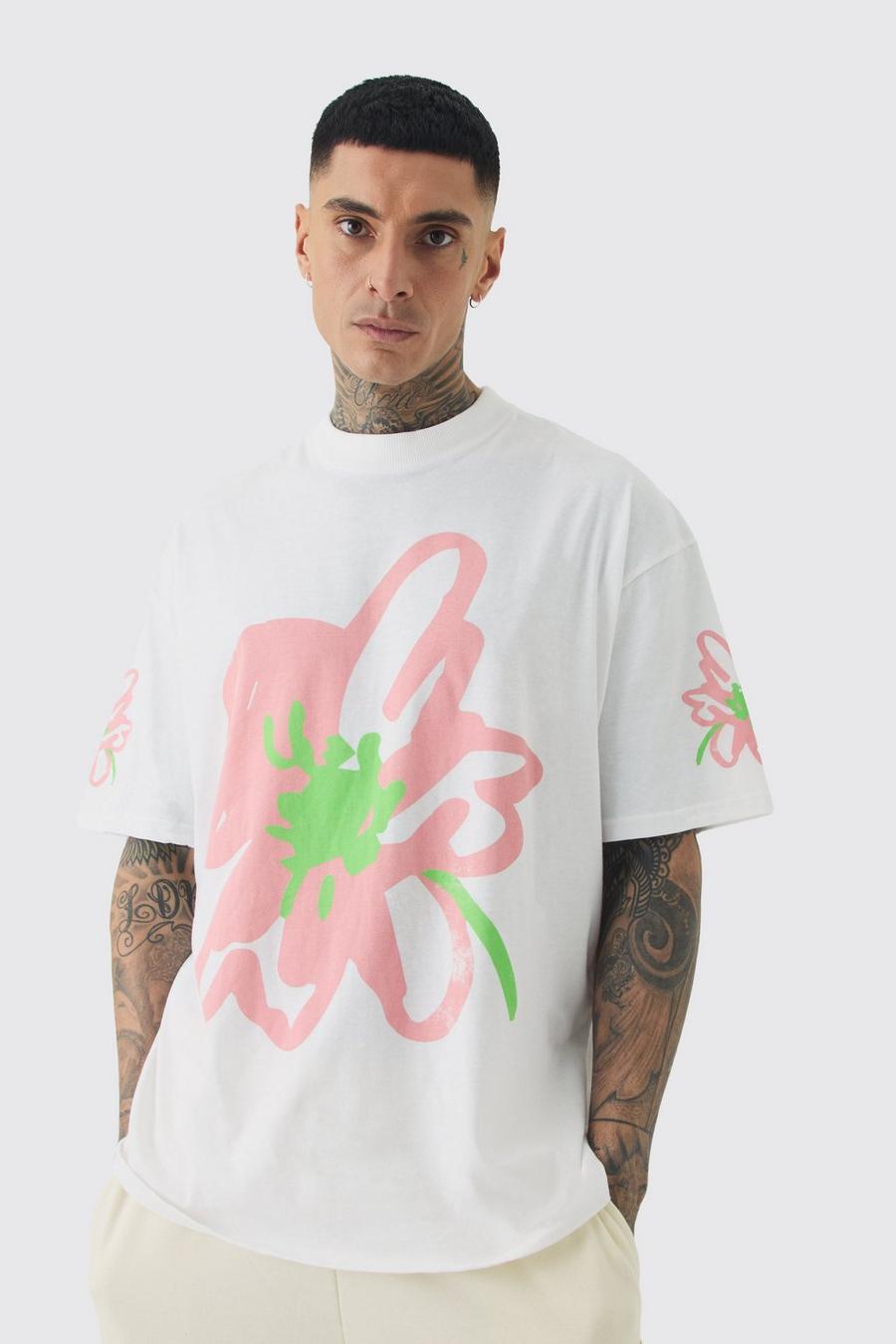 White Tall Oversized Floral Doodle Print T-shirt image number 1