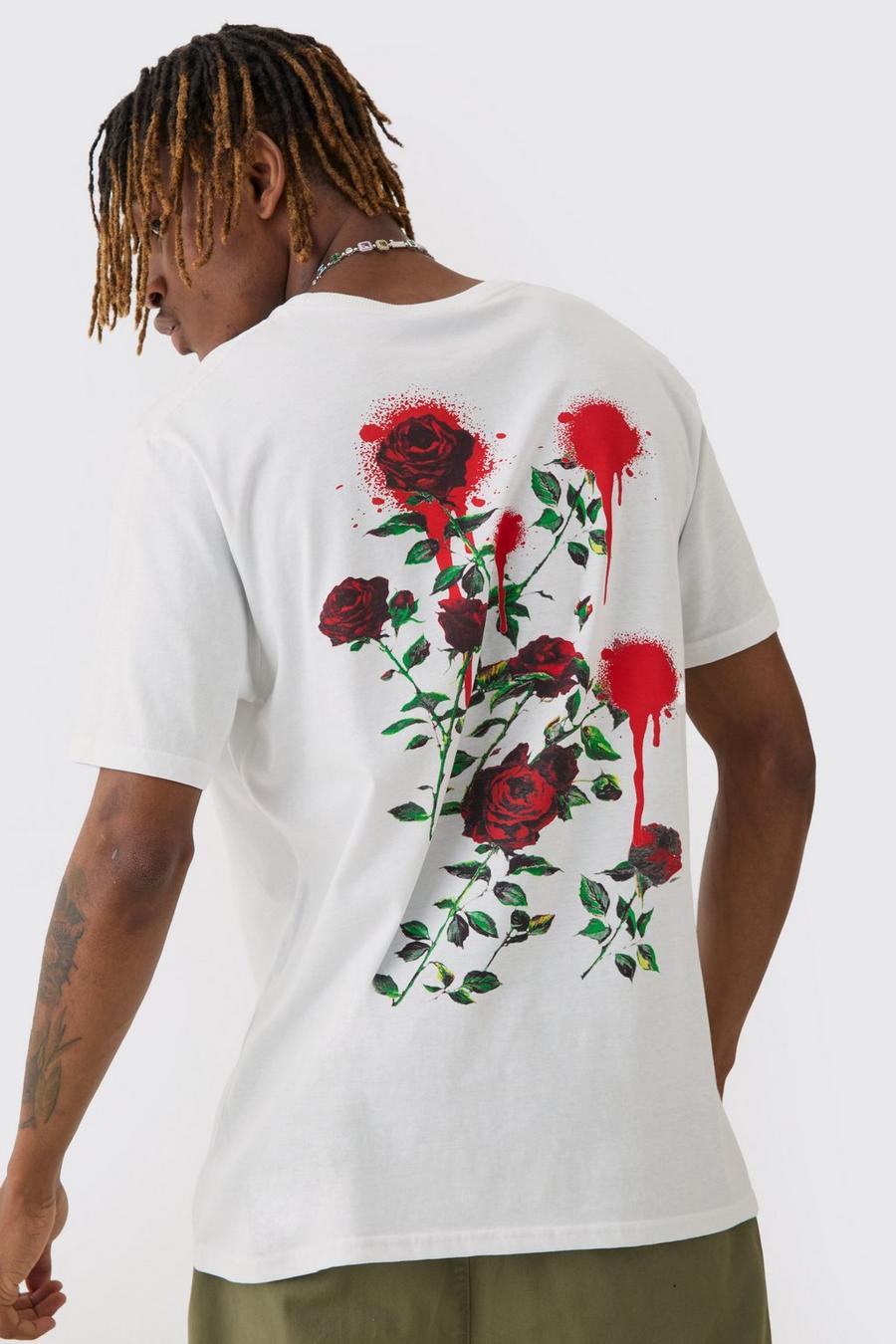White Tall Rose Floral Back Print T-shirt