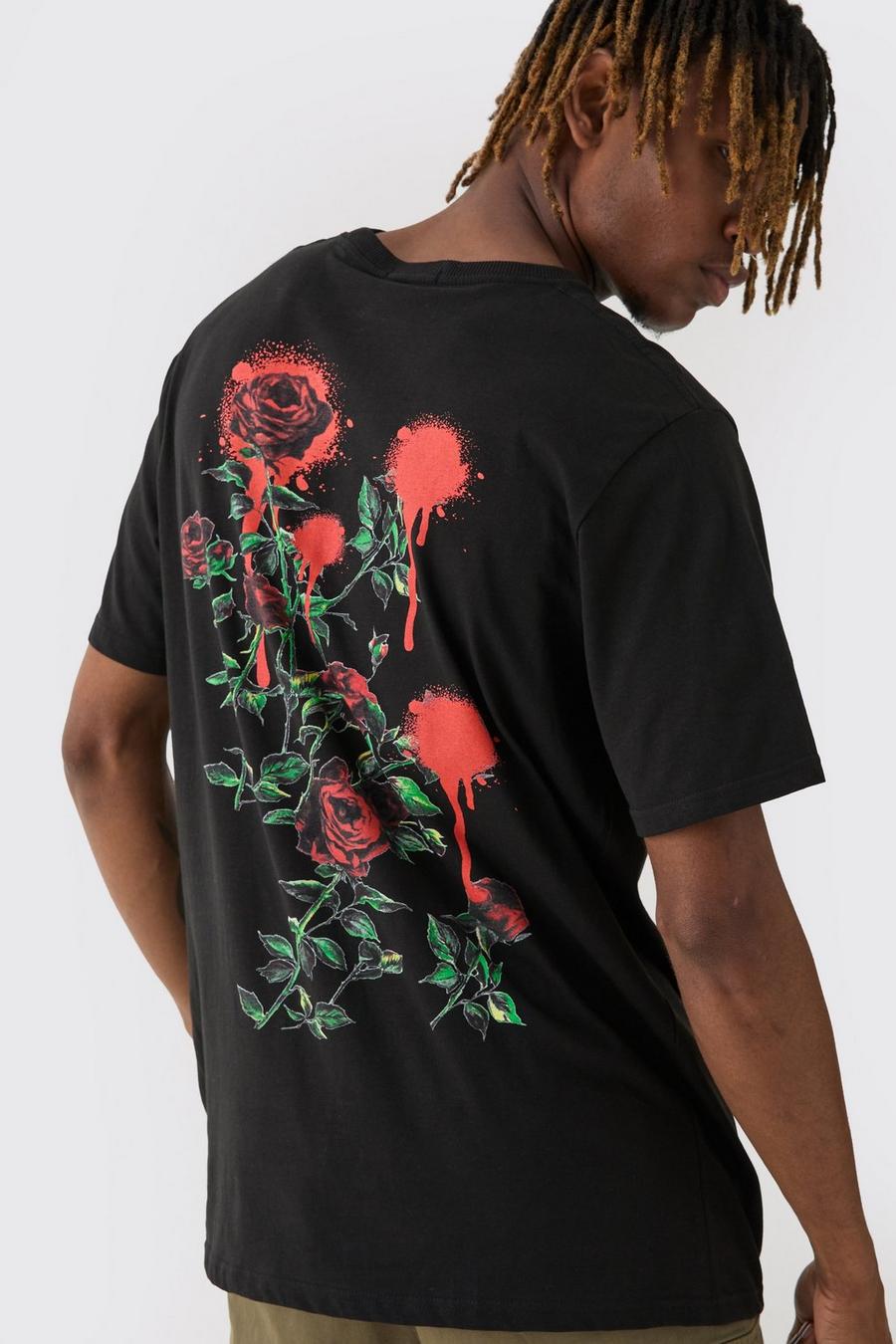 Black Tall Rose Floral Back Print T-shirt