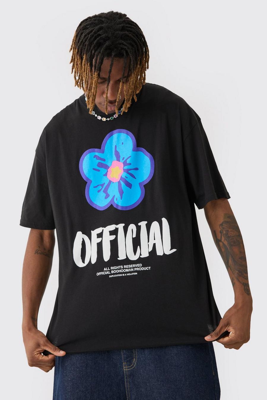 Black Tall Oversized Extended Neck Official Floral Print T-shirt image number 1
