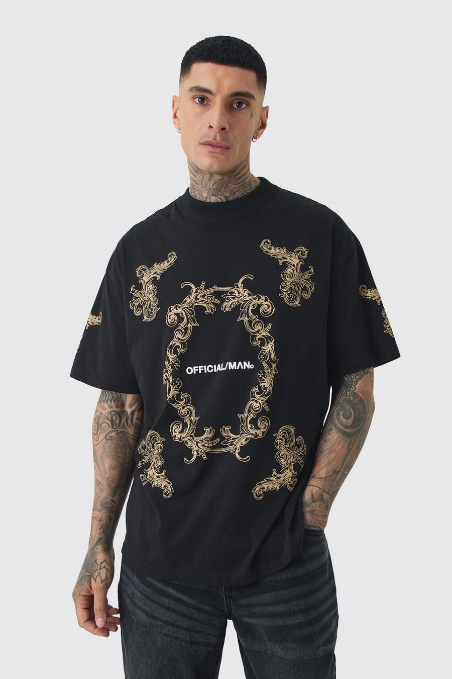 Black Tall Oversized Extended Official Man Baroque Print T-shirt image number 1