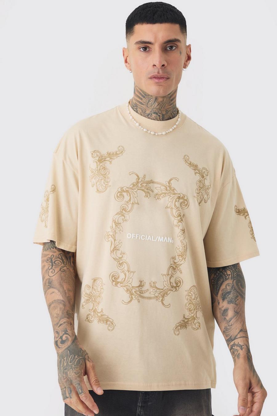 Sand Tall Oversized Extended Official Man Baroque Print T-shirt