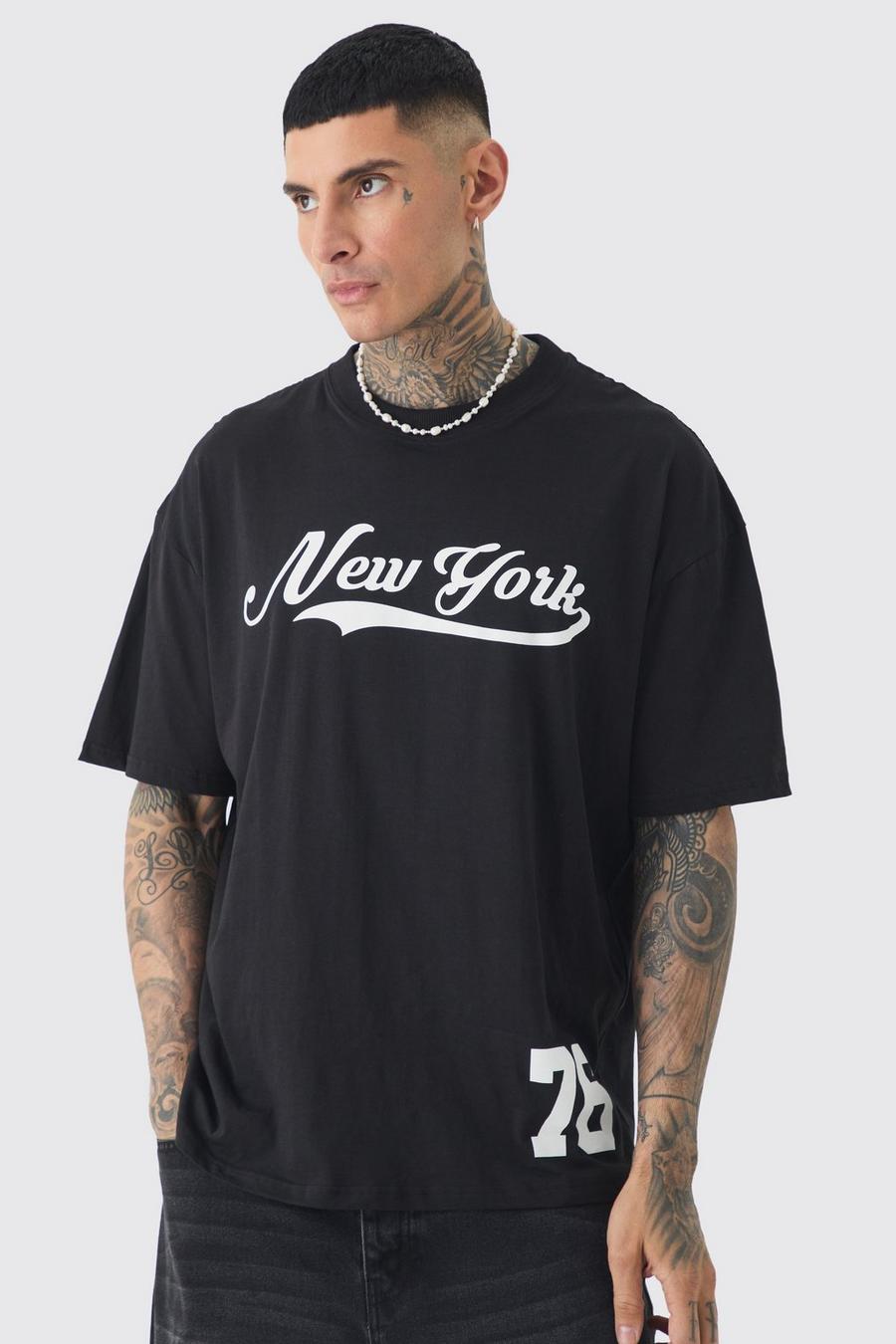 Black Tall Oversized New York Varsity Print T-shirt image number 1