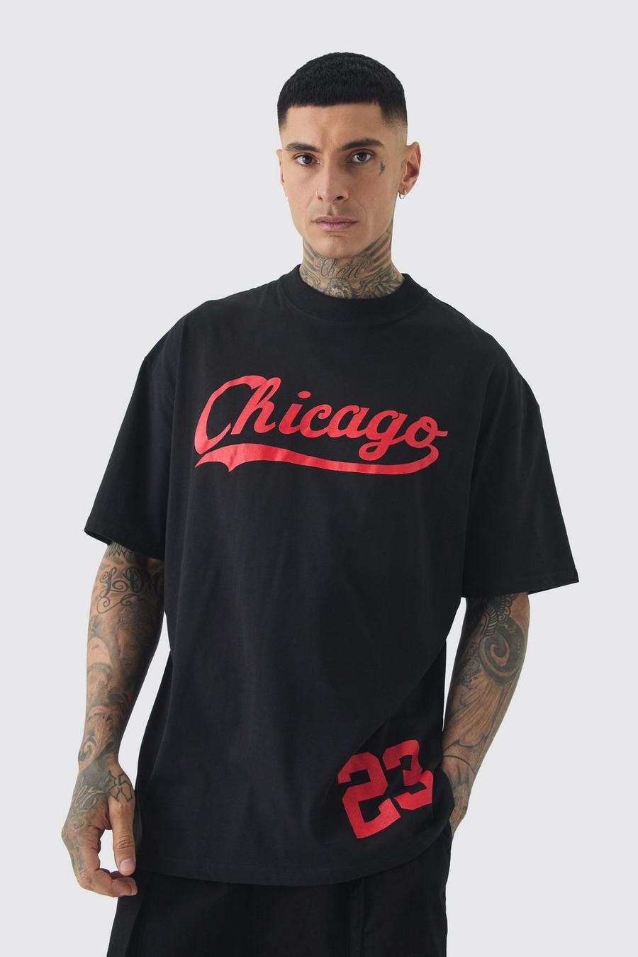 Black Tall Oversized Chicago Varsity Print T-shirt image number 1