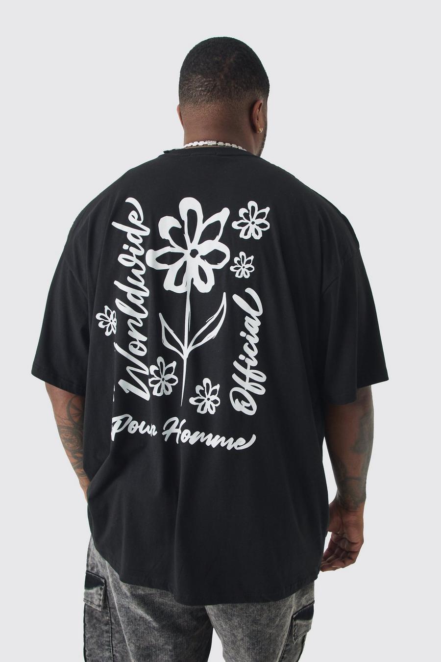 Black Plus Oversized Pour Homme Line Drawing Print T-shirt