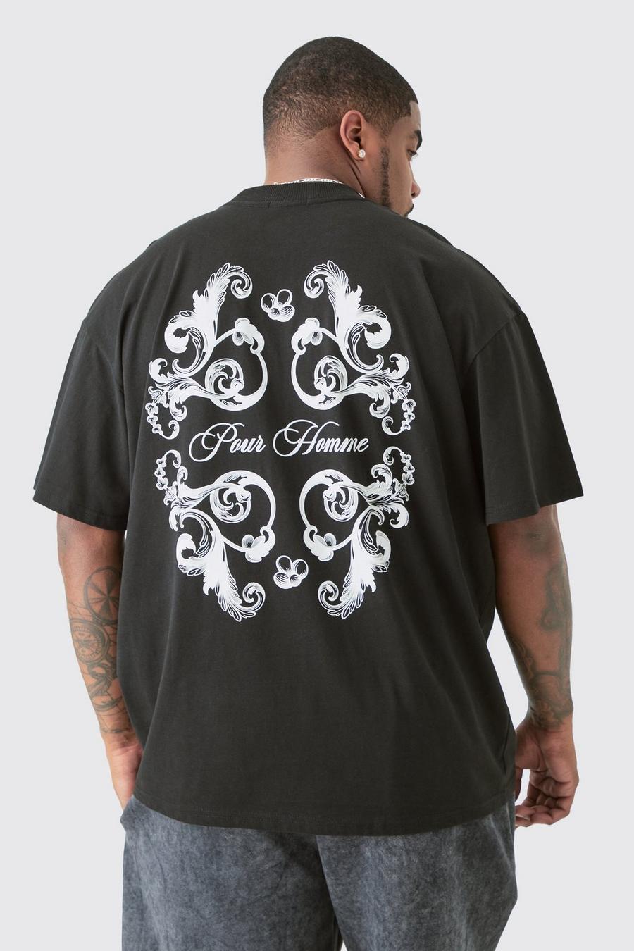 Black Plus Oversized Pour Homme Floral Print  T-shirt image number 1