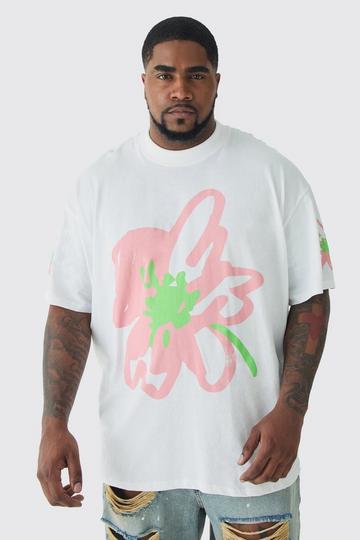 White Plus Oversized Floral Doodle Graphic T-Shirt