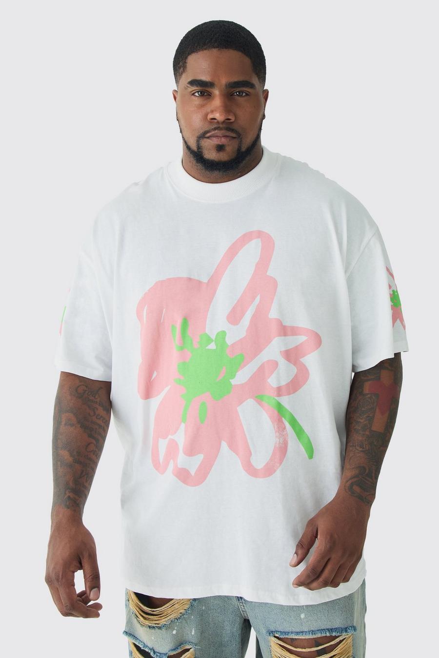White Plus Oversized Floral Doodle Print T-shirt image number 1