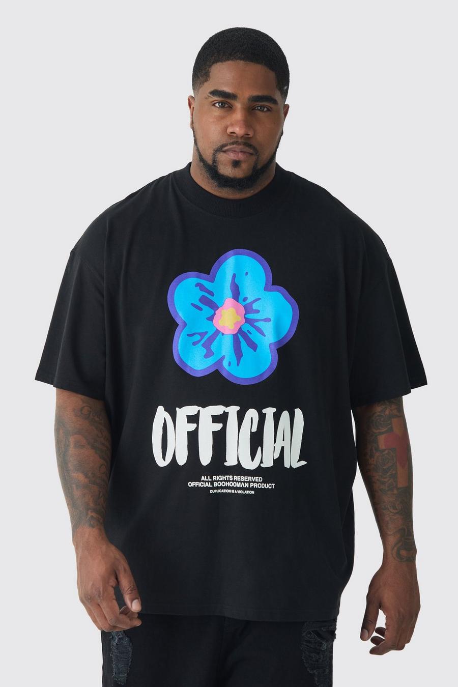 Black Plus Oversized Extended Neck Official Floral Print T-shirt