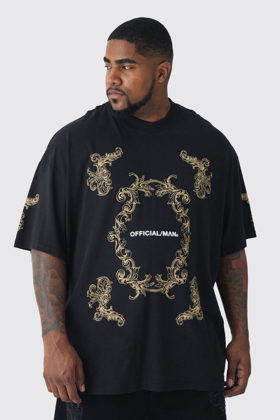 Black Plus Oversized Extended Neck Official Man Baroque Print T-Shirt