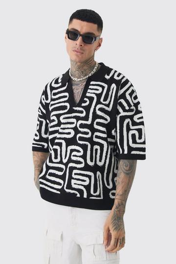 Tall Boxy Oversized Abstract Knit Polo black