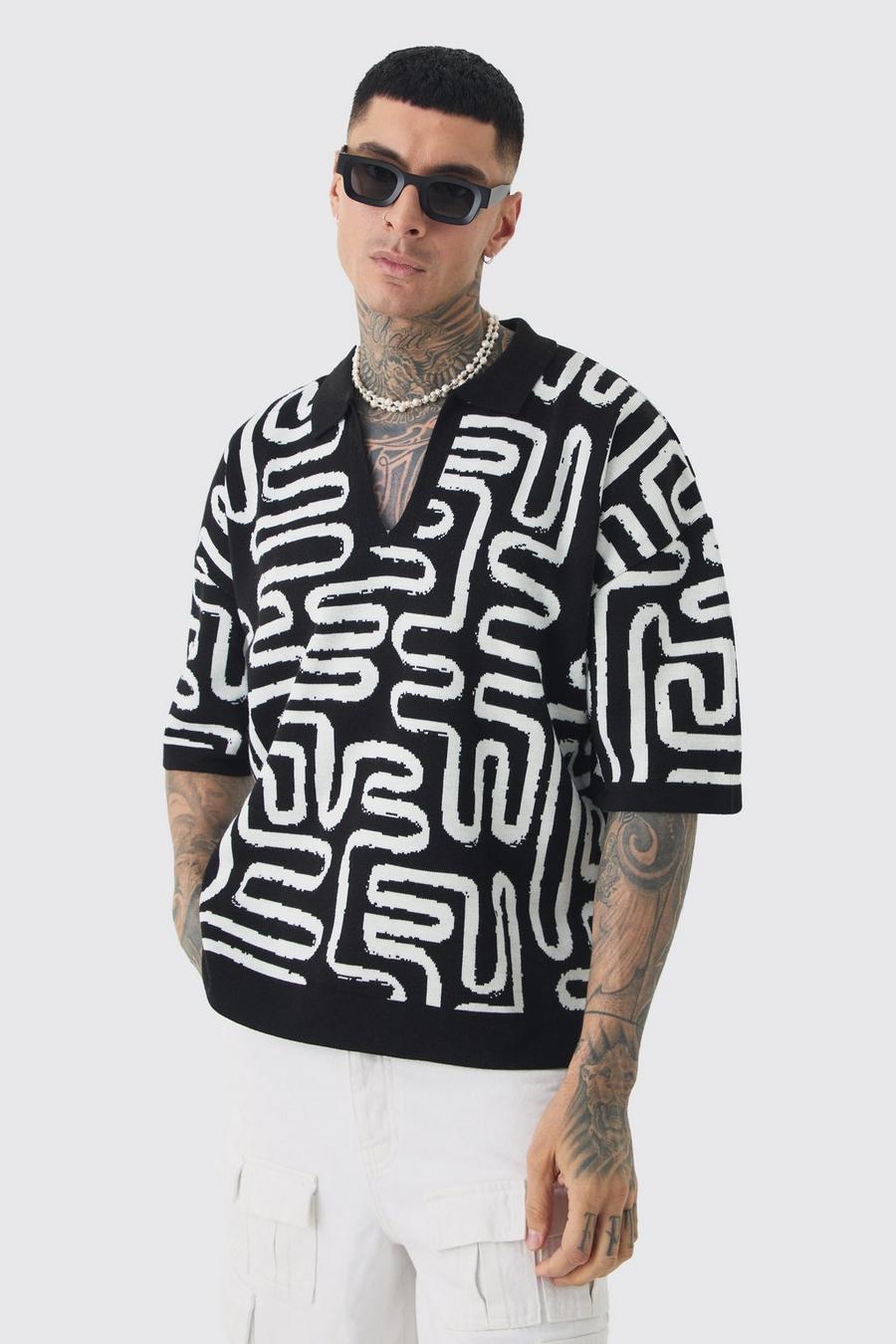 Tall Boxy Oversized Abstract Knit Polo | boohoo USA Tall Boxy Oversized Abstract Knit Polo | boohoo USA
