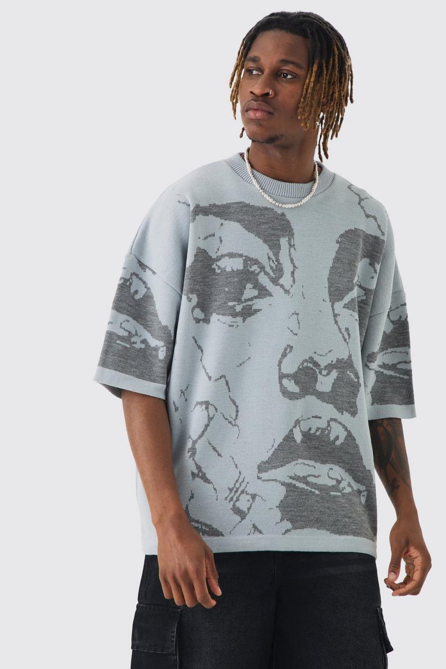 Grey Tall Oversized Line Drawing Knitted T-shirt