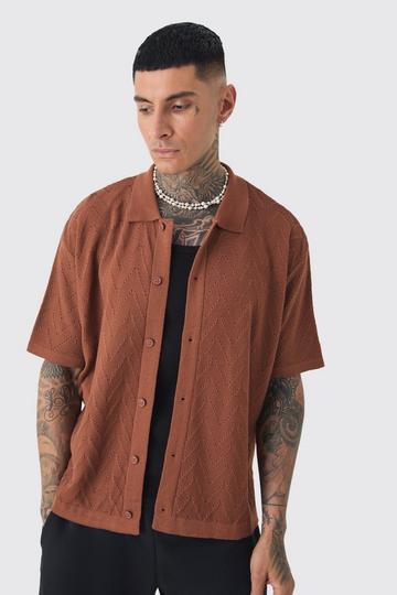 Tall Short Sleeve Boxy Open Stitch Knitted Shirt taupe