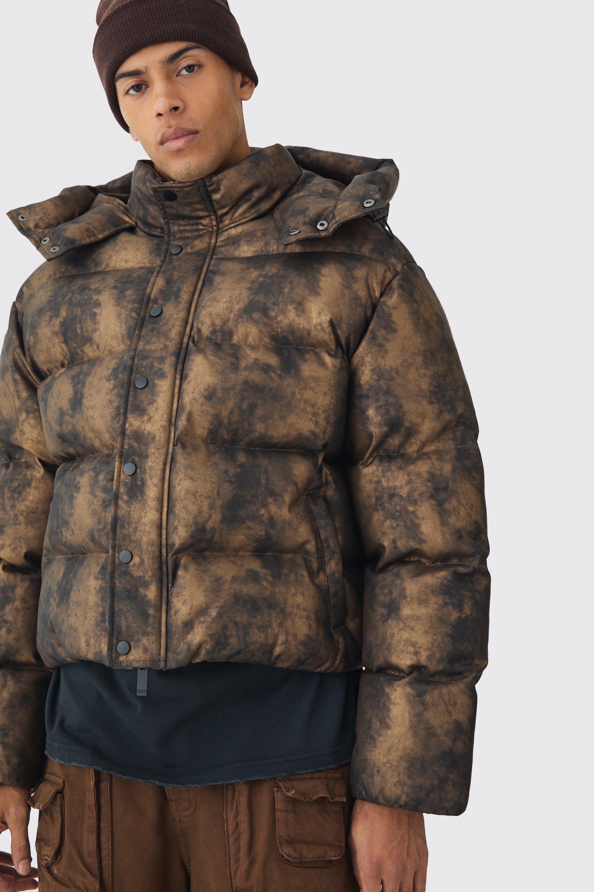 Boxy Washed Hooded Puffer Jacket In Brown | boohoo