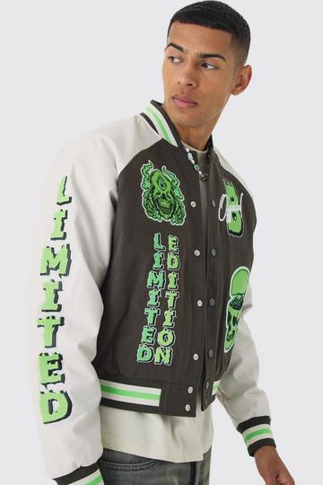 Boxy Twill Limited Badge PU Sleeve Varsity Jacket In Green green