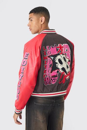 Red Boxy Twill Limited Badge Pu Sleeve Varsity Jacket In Red