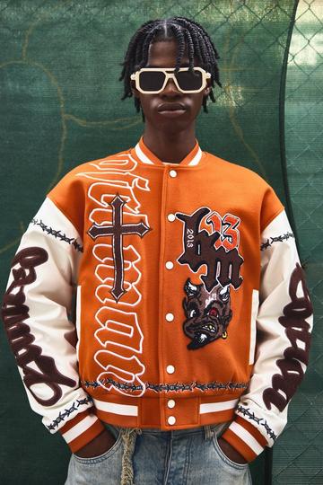 Orange Oversized Ofcl Rose Varsity Jacket In Orange