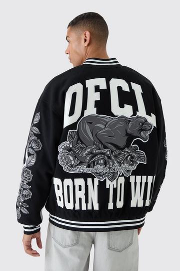 Black Oversized OFCL Rose Varsity Jacket In Black