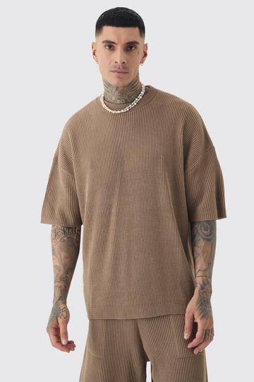 Tall Oversized Geribbeld Gebreid T-Shirt taupe