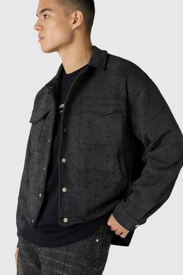 Boxy Cracked Effect Faux Suede Harrington In Black black