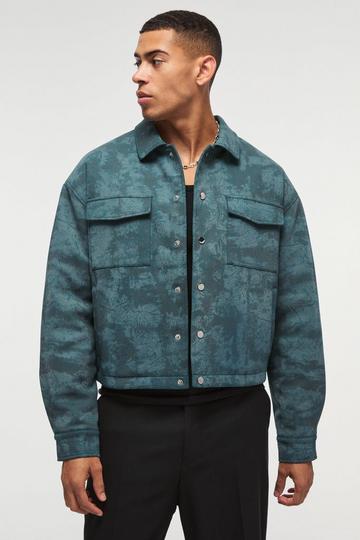 Green Boxy Cracked Effect Faux Suede Harrington In Green