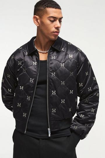 Boxy M Embellished Satin Bomber Jacket In Black black