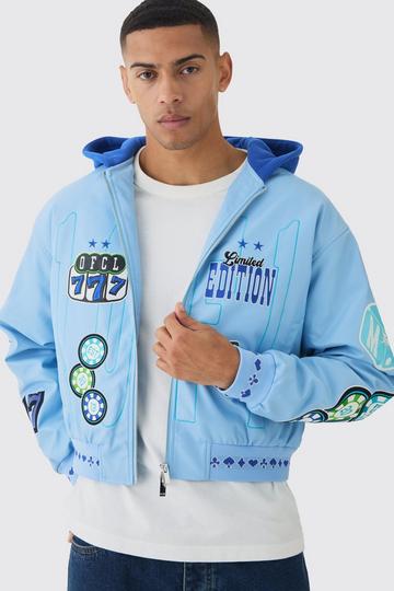 Blue Boxy Hooded Casino Badge Bomber Jacket In Blue